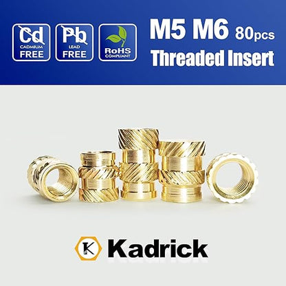 Kadrick 80 Pcs M5 M6 Threaded Inserts for Plastic with Heat Set Tips,M5 & M6(8mm-12mm Hight) Heat Heat Set Inserts Kit,Brass Inserts for 3D Pringting