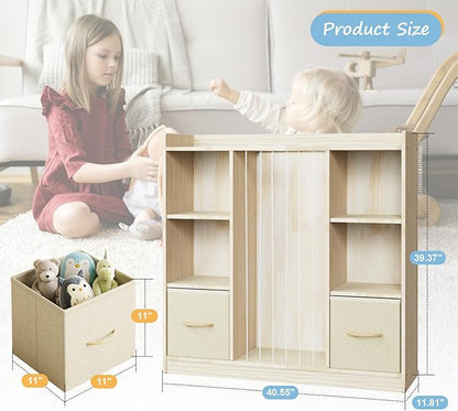 Toy Storage Organizer with Stuffed Animal Storage, Wooden Toy Organizer & Stuffed Animal Zoo, 6 Cubes Shelf with Removable Drawers, 4 -in-1 Book Shelf for Kids Room, Playroom, Nursery