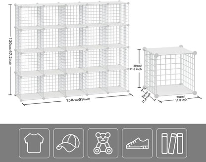 HUBSON Wire Cube Storage Organizer, Book/Toy/Craft/Potted Plants and petCloset Organizers and Storage Shelves, 20-Cube Freely Combinable Metal Grids Storage Shelf,White Plus Iron