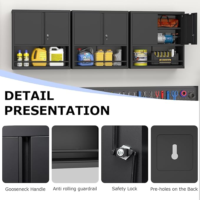 Metal Wall Cabinet, Garage Wall Cabinet with Lock, Wall Mounted Heavy Duty Steel Tool Cabinet with Door and Shelf, Hanging Cabinet for Garage Warehouse Bathroom Kitchen, Black