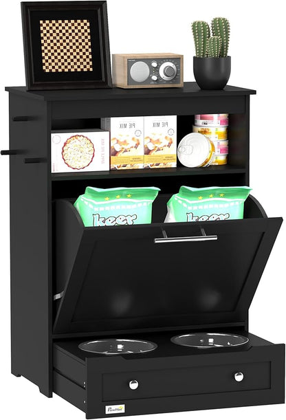 PawHut Dog Feeding Station with Raised Bowls & Storage Cabinet, Pet Feeder Cabinet Container with Hanger for Feeding & Watering Supplies, Dog Food Organizer, Black