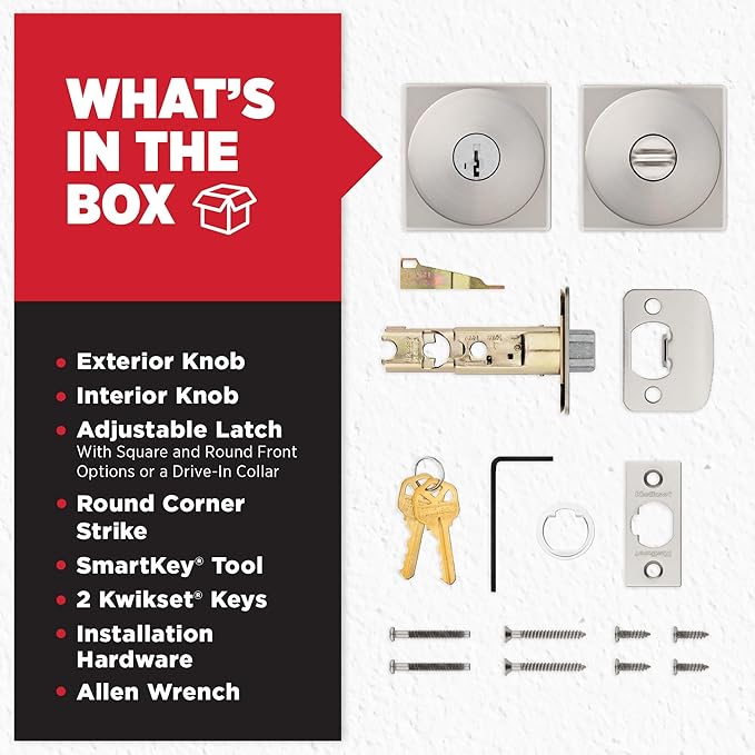 Kwikset Pismo Entry Door Knob with Lock and Key, Secure Keyed Handle Exterior, Front Entrance and Bedroom, Satin Nickel, 4 Pack, Pick Resistant SmartKey Rekey Security and Microban