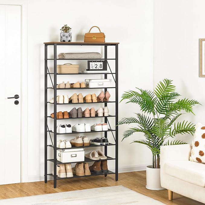 10-Tier Shoe Rack, Shoe Organizer for Entryway, Large Capacity Shoe Shelf, for 36-40 Pairs of Shoes, Stable Sturdy, Shoe Storage with 9 Metal Mesh Shelves, Rustic Brown SRHR1101Z