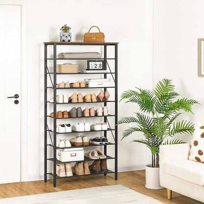 10-Tier Shoe Rack, Shoe Organizer for Entryway, Large Capacity Shoe Shelf, for 36-40 Pairs of Shoes, Stable Sturdy, Shoe Storage with 9 Metal Mesh Shelves, Rustic Brown SRHR1101Z