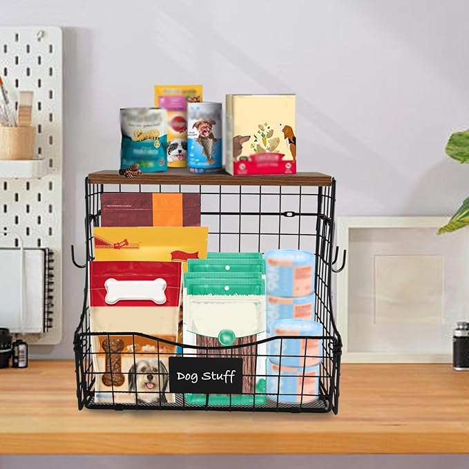 Geyecete pet supplies wall basket storage storage basket Wall wire basket with Wood Lid Nameplat storage rack multifunctional countertop organizer