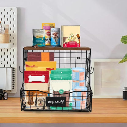 Geyecete pet supplies wall basket storage storage basket Wall wire basket with Wood Lid Nameplat storage rack multifunctional countertop organizer