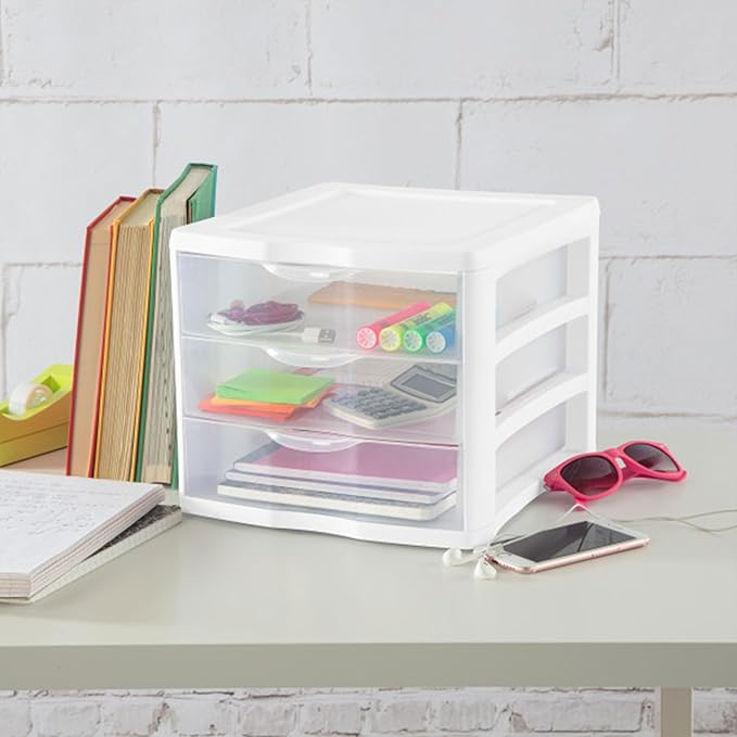 STERILITE 3 Drawer Desktop Storage Unit, Tabletop Organizer for Desk, Countertop at Home, Office, Bathroom, White with Clear Drawers, (Pack of 4)