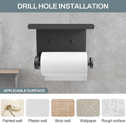 SetSail Toilet Paper Holder with Shelf Adhesive or Screw-in Bathroom Toilet Paper Roll Holders Wall Mount Matte Black Tissue Holder for Bathroom Hardware Accessories, 2 Packs
