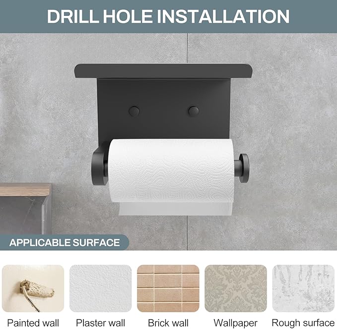 SetSail Toilet Paper Holder with Shelf Adhesive or Screw Bathroom Toilet Paper Roll Holders Wall Mount Matte Black Tissue Holder for Bathroom Hardware Accessories
