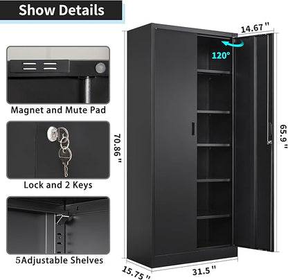 Metal Storage Cabinet, 71”H Metal Garage Cabinet with 5 Adjustable Shelves, Locking Storage Cabinets for Garage, Home, Office, Pantry(Black)
