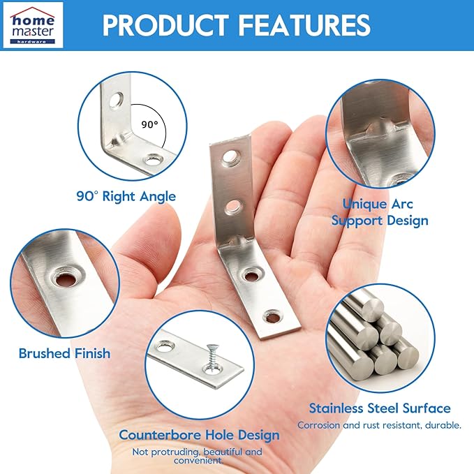 HOME MASTER HARDWARE 2 inch L Bracket Corner Brace Sets, Stainless Steel Corner Bracket, Joint Right Angle Brackets with Screws for Shelves Wood Furniture Frame(20 Pack)