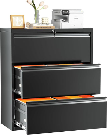 INTERGREAT 3-Drawer Black Lateral File Cabinet, Locking Metal Lateral Filing Cabinets with Lock, 28" W Horizontal Storage Cabinet with Adjustable Shelves for Home & Office