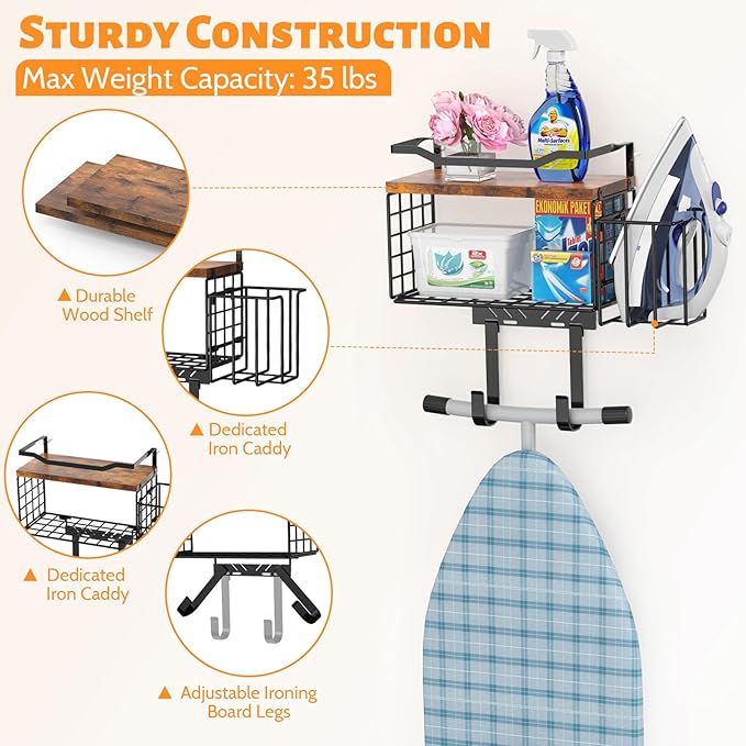 Ironing Board Hanger Wall Mount, 2-Layer T&Y Iron Board Holder with Ironing Caddy, Metal Ironing Board Holder Storage Organizer, Floating Wood Shelf for Laundry Room Decor Accessories Organization