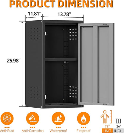 Metal Garage Wall Cabinet with 1 Door, 13.78'' Wide Wall Mounted Tool Cabinets for Garage, Basement, Warehouse, Kitchen, Bathroom, Home Office, Black, Assembly Required