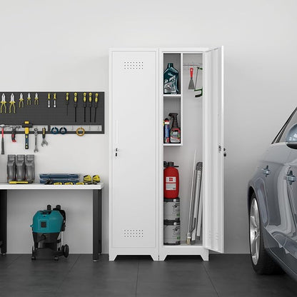 Slim Broom Closet Storage Cabinet, 65" H Metal Cabinets with Lock and Shelves & S-Hooks, Utility Closet, Narrow Storage Cabinets for Home Office, Pantry, Bathroom, Garage, White
