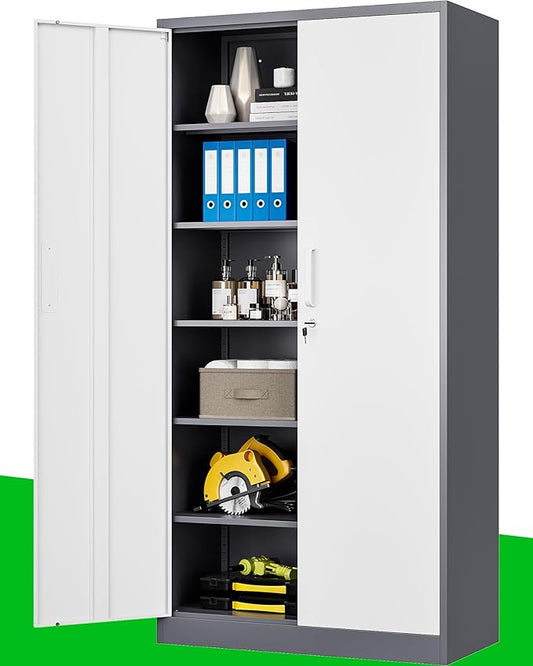 Metal Garage Storage Cabinet, 71-inch Tall Cabinet with Adjustable Shelves & Locking Doors, Tool Cabinets for Garage,Office,Home,School,Gym (Grey White)