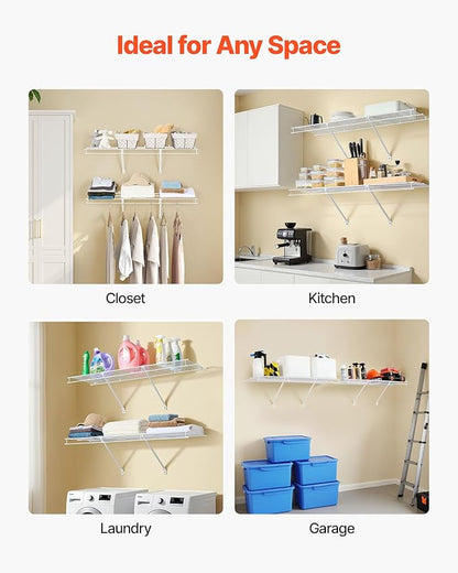 VEVOR Wire Shelf Kit, 4 ft, Set of 2, Wall Mounted Wire Shelves, Heavy-Duty Carbon Steel Hanging Shelf, Floating Wall Storage Shelves with Dip Coating, for Closet, Bedroom, Living Room, Office, Pantry