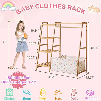 Kids Clothing Rack- Toddler Dress Up Rack with 5-Tier Open Shelves & Storage Bag, Baby Clothes Rack Small, Bamboo Garment Rack & Free Standing Clothes Rack, Mini Clothing Rack for Playroom