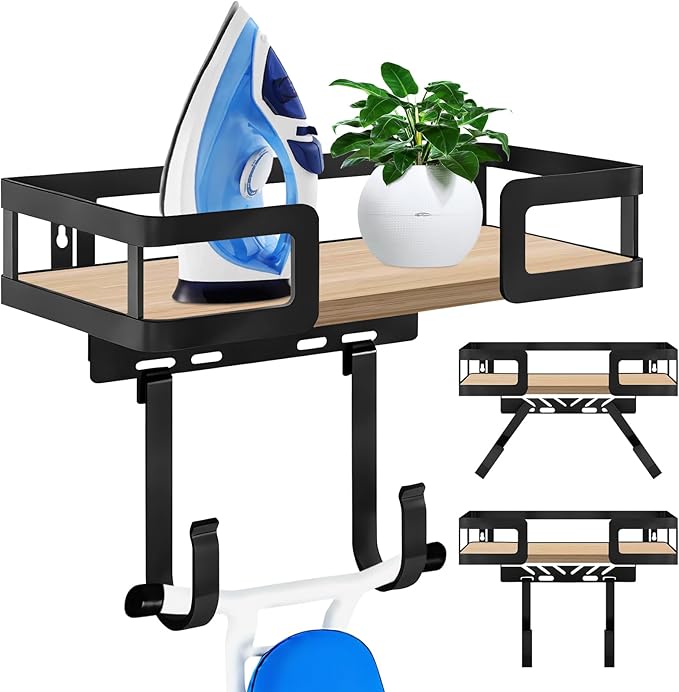 Adjustable Ironing Board Rack & Holder Wall Mount - T&V Shaped Hook for Laundry Room Organization, Space Saving Iron Storage, Easy Install, Black