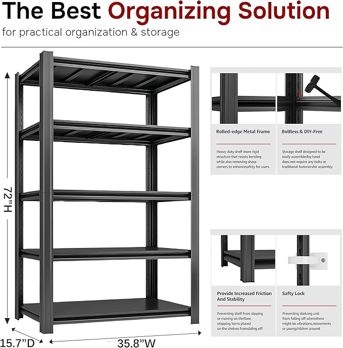 36" W: Father&I 5-Shelf-Rack Industrial Heavy-Dudy Adjustable Metal Garage/Kitchen Storage Shelving Stand Shelves Unit/System Organizer for Basement/Closet/Pantry, 72" H*36W *16" D, Black