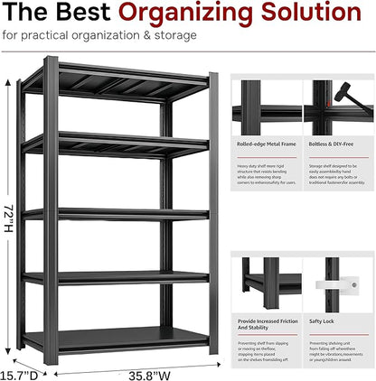 36" W: Father&I 5-Shelf-Rack Industrial Heavy-Dudy Adjustable Metal Garage/Kitchen Storage Shelving Stand Shelves Unit/System Organizer for Basement/Closet/Pantry, 72" H*36W *16" D, Black