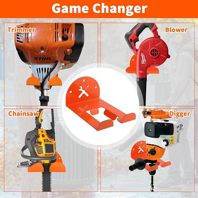 Upgraded Trimmer Rack Wall Mount - 8" Heavy Duty Weed Eater Hanger for Garage Wall, Garden Power Tool Holder Organizer Hooks for Grass Trimmer, Hedge Trimmer, Leaf Blower and Chainsaw, Orange, 1 Pack