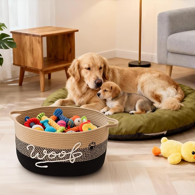 Woof Dog Toy Basket with Handles, Large Dog Toy Storage Bin with Paw Print, Woven Dog Basket for Blankets, Toys, Chews, Pet Toy Box for Nursery, Living Room, Bedroom, 17”x12”x9, Black