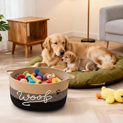 Woof Dog Toy Basket with Handles, Large Dog Toy Storage Bin with Paw Print, Woven Dog Basket for Blankets, Toys, Chews, Pet Toy Box for Nursery, Living Room, Bedroom, 17”x12”x9, Black