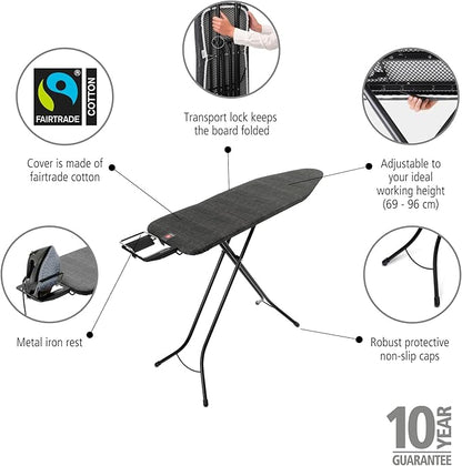 Brabantia Size B Ironing Board (49x15 in) 7 Height Options, Adjustable Steam Iron Rest Holder (Denim Black) Non-Slip Feet, Anti-Collapse Child Locks