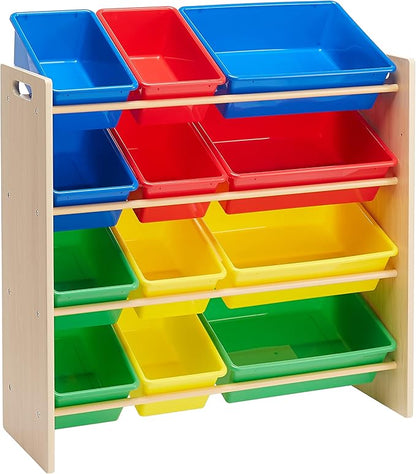 Amazon Basics Kids Toy Storage Organizer With 12 Plastic Bins, Natural Wood, Multicolor, for Bedroom and Playroom, 33.6" W x 10.9" D x 31.1" H