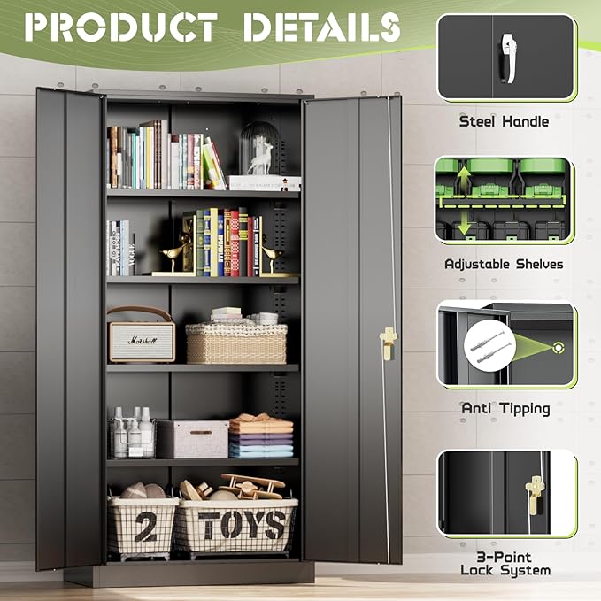Oakcloud 72" Metal Storage Cabinet Tool Organizer, Lockable Garage Storage Tool Cabinets for Office, Home, School, Locking File Cabinet with 2 Doors and 4 Adjustable Shelves (72“ Wide-Black)