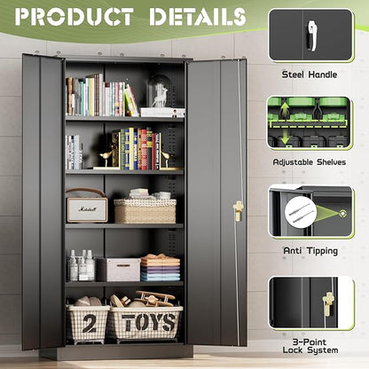 Oakcloud 72" Metal Storage Cabinet Tool Organizer, Lockable Garage Storage Tool Cabinets for Office, Home, School, Locking File Cabinet with 2 Doors and 4 Adjustable Shelves (72“ Wide-Black)
