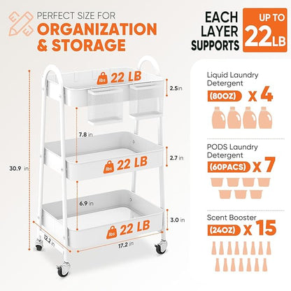 Sekey 3 Tier Rolling Cart, Hanging Cups, Hooks, Heavy Duty Mesh Rolling Storage Cart Organizer with 2 Lockable Wheels for Bathroom, Kitchen, Office, Craft, Makeup, Baby Essentials, White