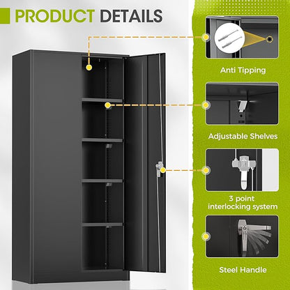 Greenvelly Metal Lockable Storage Cabinet, 72” Tall Storage Cabinet with 2 Doors and 4 Adjustable Shelves for Office, Home, Garage, Pantry (Assembly Required, 18”D, Black)