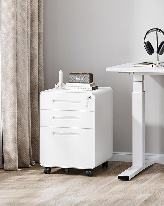 3 Drawer File Cabinet with Lock, Metal Under Desk Rolling Filing Cabinet fits Letter/Legal/A4 Size for Home Office,(Fully Assembled, White)
