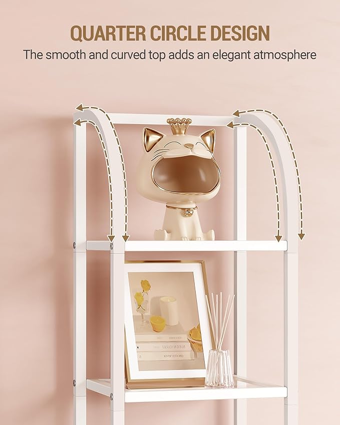 Bookcase Bookshelf, Tempered Glass Arched Bookshelf for More Storage, Slim Shelving Unit for Bedroom, Bathroom, Home Office, Steel Frame, 6 Tier White BC20699W