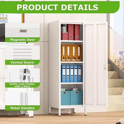 47" Metal Storage Locker, Lockable Employees Metal Locker with Door and Adjustable Shelves, Steel Locker for Home, School, Office, Gym (White)