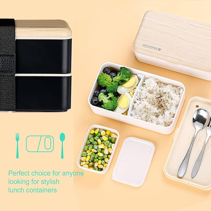 Original Bento Box Lunch Box Japanese Style 2 Layer Food Containers with Utensils Spoon and Fork Bundle Divider Salad Box for Men Women (Black)