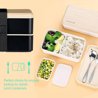 Original Bento Box Lunch Box Japanese Style 2 Layer Food Containers with Utensils Spoon and Fork Bundle Divider Salad Box for Men Women (Black)