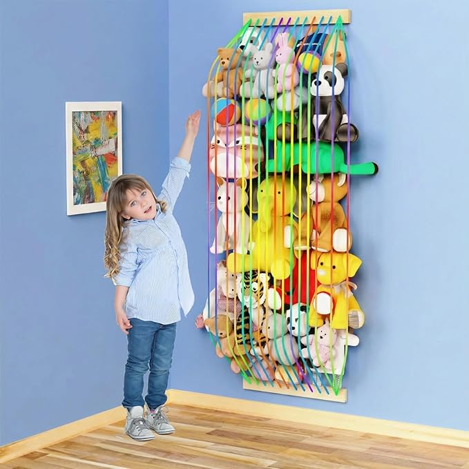 Stuffed Animal Storage Wood Soft Toy Organizer for Kids Room，Cute and Durable Wall or Door Mount Length Adjustable Hanging Stuffed Animal Toy Organizer Shelf for Nursery Play Room Rainbow -Patent