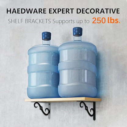 HOME MASTER HARDWARE Decorative Shelf Brackets 8 inch, Black Shelf Bracket, Heavy Duty Metal Shelf Brackets & Supports, 2 Pack Rustic Iron L Shape Corner Brace Shelving Brackets with Screws