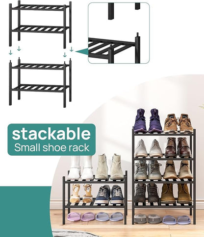 Black Small Shoe Rack for Entryway, 4-Tier Bamboo Shoe Organizer for Hallway Closet, Free Standing Shoe Racks for Indoor Outdoor