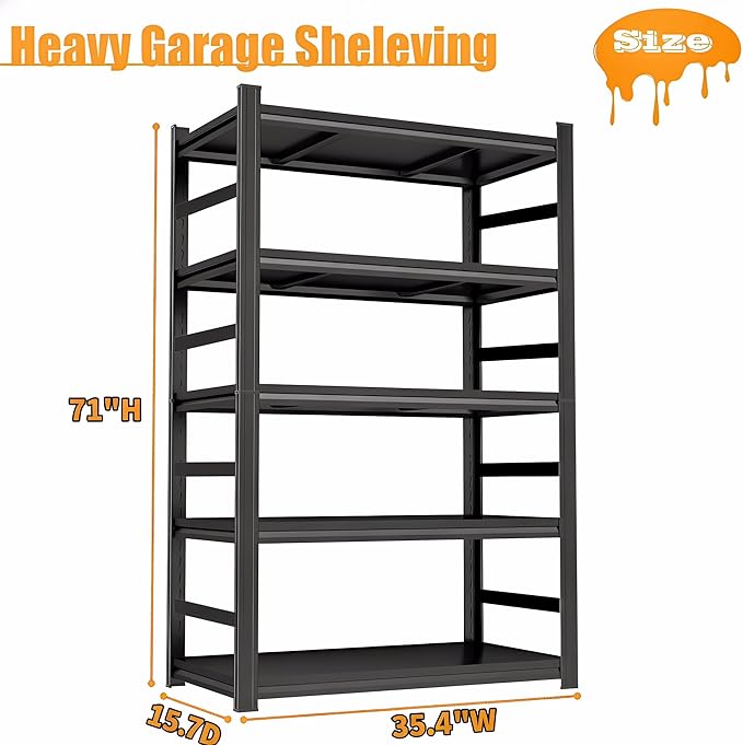 71" H Garage Shelving Unit and Storage-Easy Assembly Metal Shelves 5-Tier Rack|Heavy-Duty Adjustable Shelf|Steel Shelves for Garage,Industrial,Warehouse,Basement (35.4" W*15.7" D*71" H)