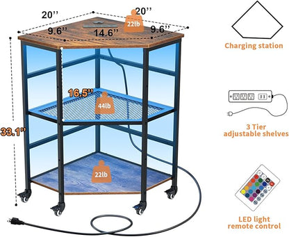 HAIOOU Corner Printer Stand Table with Power Outlet Charging Plugs USB Port & LED Lights, 3-Tier Corner Table with Wheel, Metal Frame Adjustable Storage Shelf for Home Office Kitchen