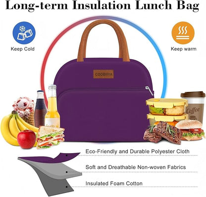 Coobiiya Lunch Bag Women, Lunch Box for Women Adult Men, Small Leakproof Cute Lunch Tote Large Capacity Reusable Insulated Cooler Lunch Container for Work/Office/Picnic/Travel-Purple