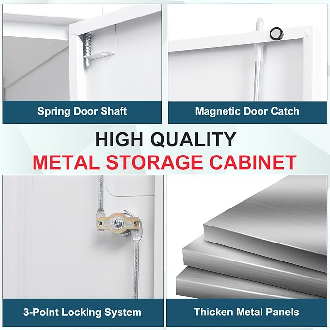 MIIIKO 72" White Metal 5-Shelf Cabinet with Locking Doors, 36" Wide Snap-Latch Steel Cabinet for Home Office, Pantry, School