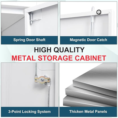 MIIIKO 72" White Metal 5-Shelf Cabinet with Locking Doors, 36" Wide Snap-Latch Steel Cabinet for Home Office, Pantry, School