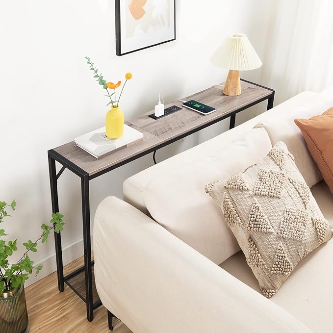 Sofa Table with Power Outlet, 43.7" Console Table with USB Ports, Behind Couch Table, Entryway Table for Living Room, Entryway, Foyer, Metal Frame, Adjustable Feet, Greige CTHG11E01Z1N1