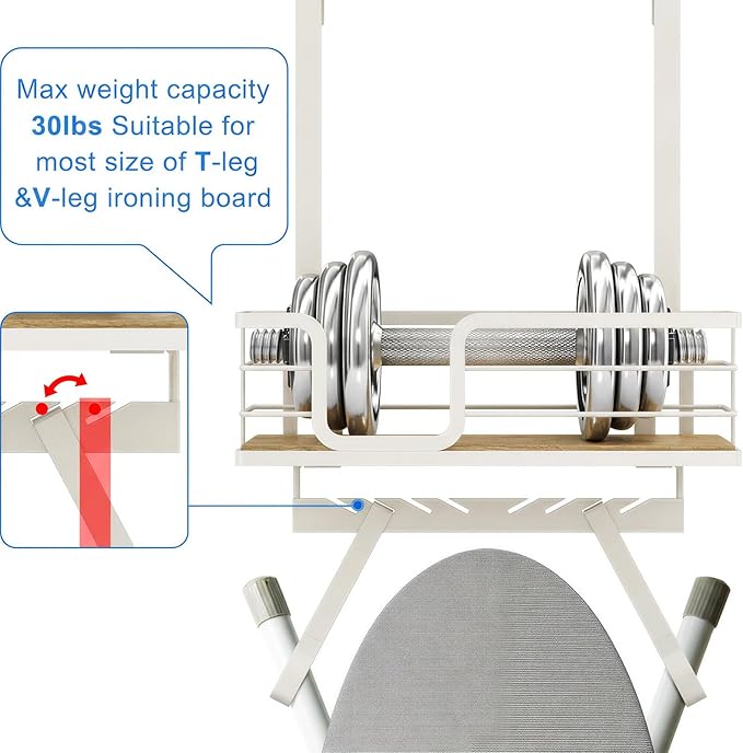 TJ.MOREE Over The Door/Wall Mount Ironing Board Hanger, Laundry Room Iron and Ironing Board Caddy Storage for Water Mister, Fabric Sprays, Laundry Detergent, White
