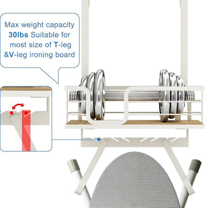 TJ.MOREE Over The Door/Wall Mount Ironing Board Hanger, Laundry Room Iron and Ironing Board Caddy Storage for Water Mister, Fabric Sprays, Laundry Detergent, White